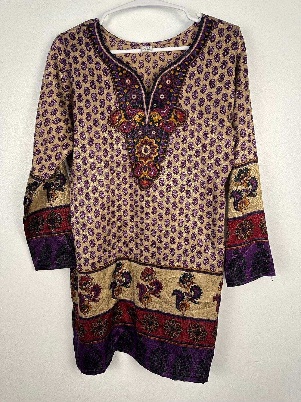 Indian-made blouse features a purple and black paisley block print Large